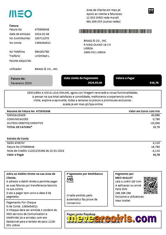 Portugal MEO business utility bill